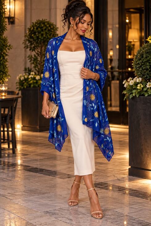 Other Accessories - Blue Embroidered Floral Cotton Wrap Shawl Beaded Boho Scarf 72x20